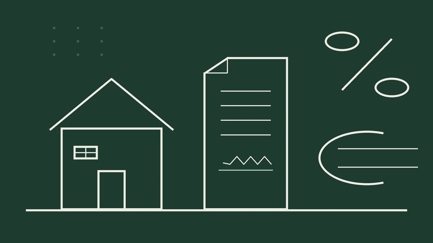 Illustration: Haus, Kaufvertrag mit Zeilen und Unterschrift, Euro- und Prozentzeichen