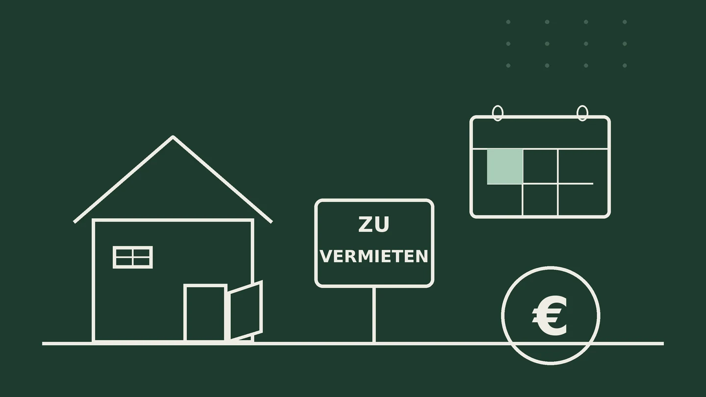 Illustration: Haus mit offener Tür, Schild Zu vermieten, Kalender mit markiertem Tag und Euro-Zeichen