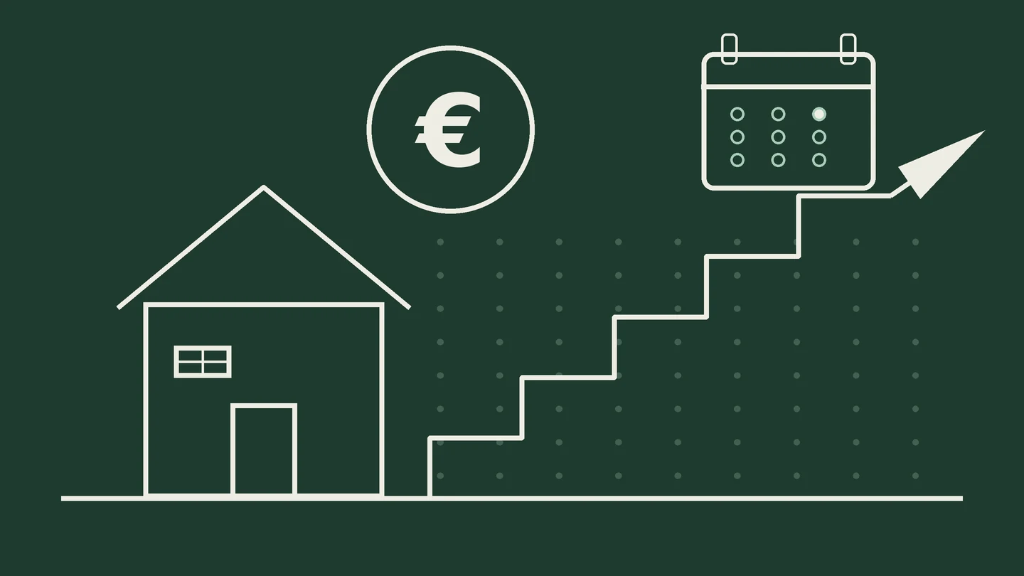Illustration: Haus mit aufsteigender Treppe, Pfeil, Kalender und Euro-Symbol