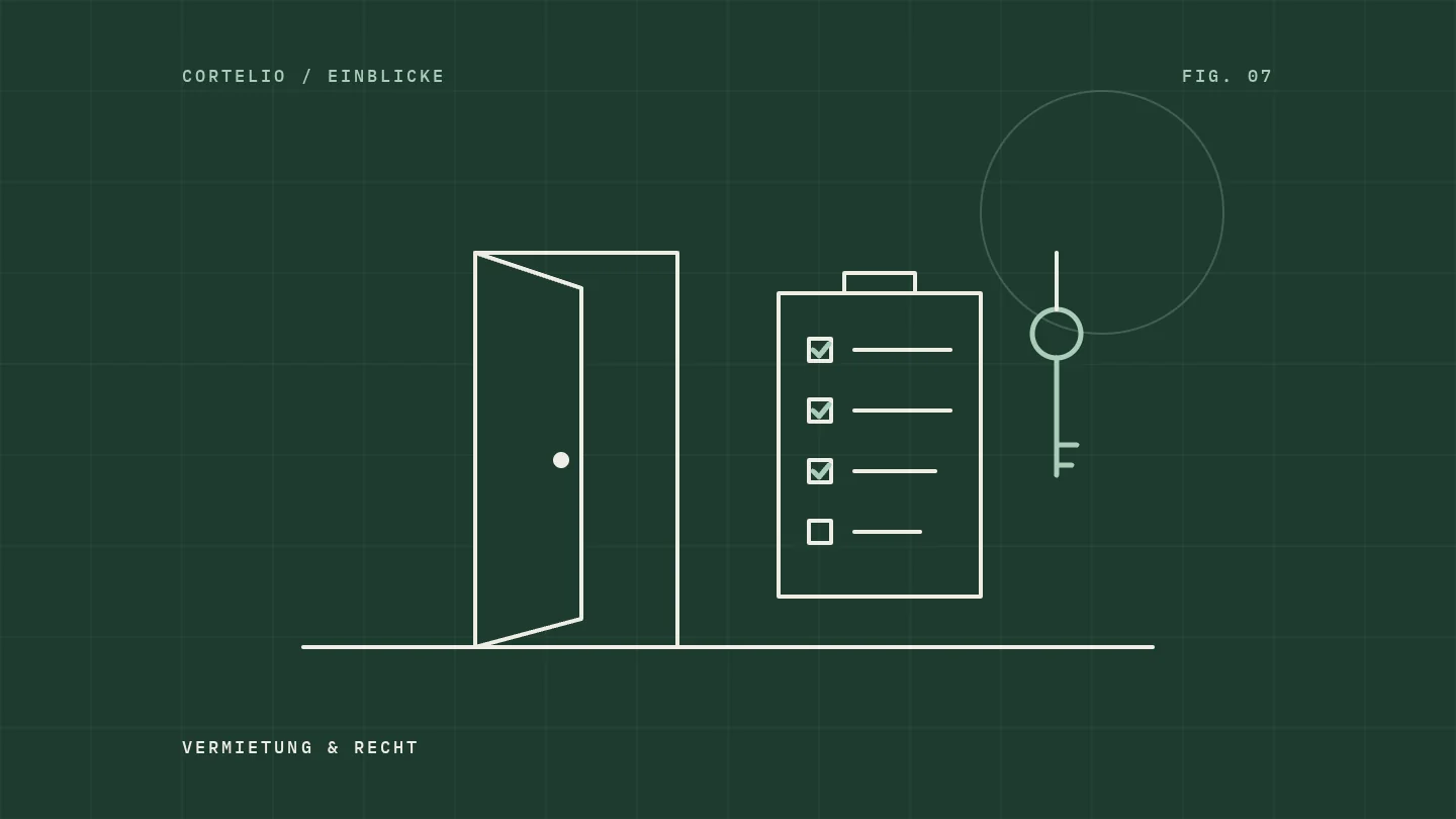Illustration: offene Tür, Übergabe-Checkliste und Schlüssel
