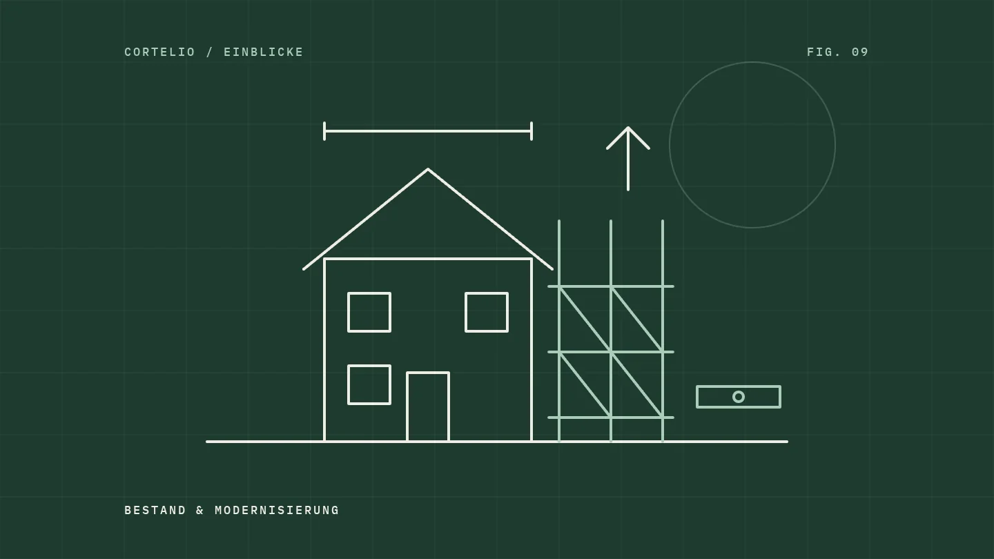 Illustration: Haus mit Baugerüst und Wasserwaage