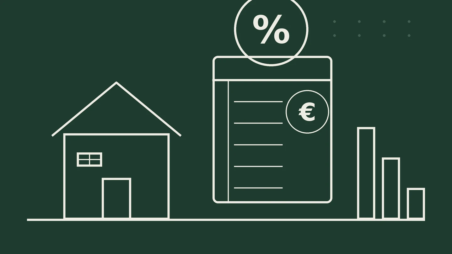 Illustration: Haus neben Abrechnungsdokument mit Zeilen und Euro-Zeichen, Prozentzeichen und abnehmende Balken