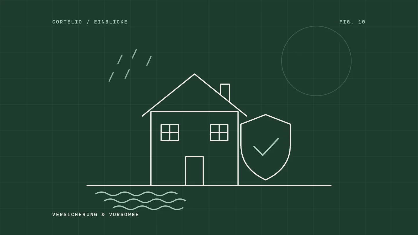 Illustration: Haus mit Schutzschild und Hochwasserlinien