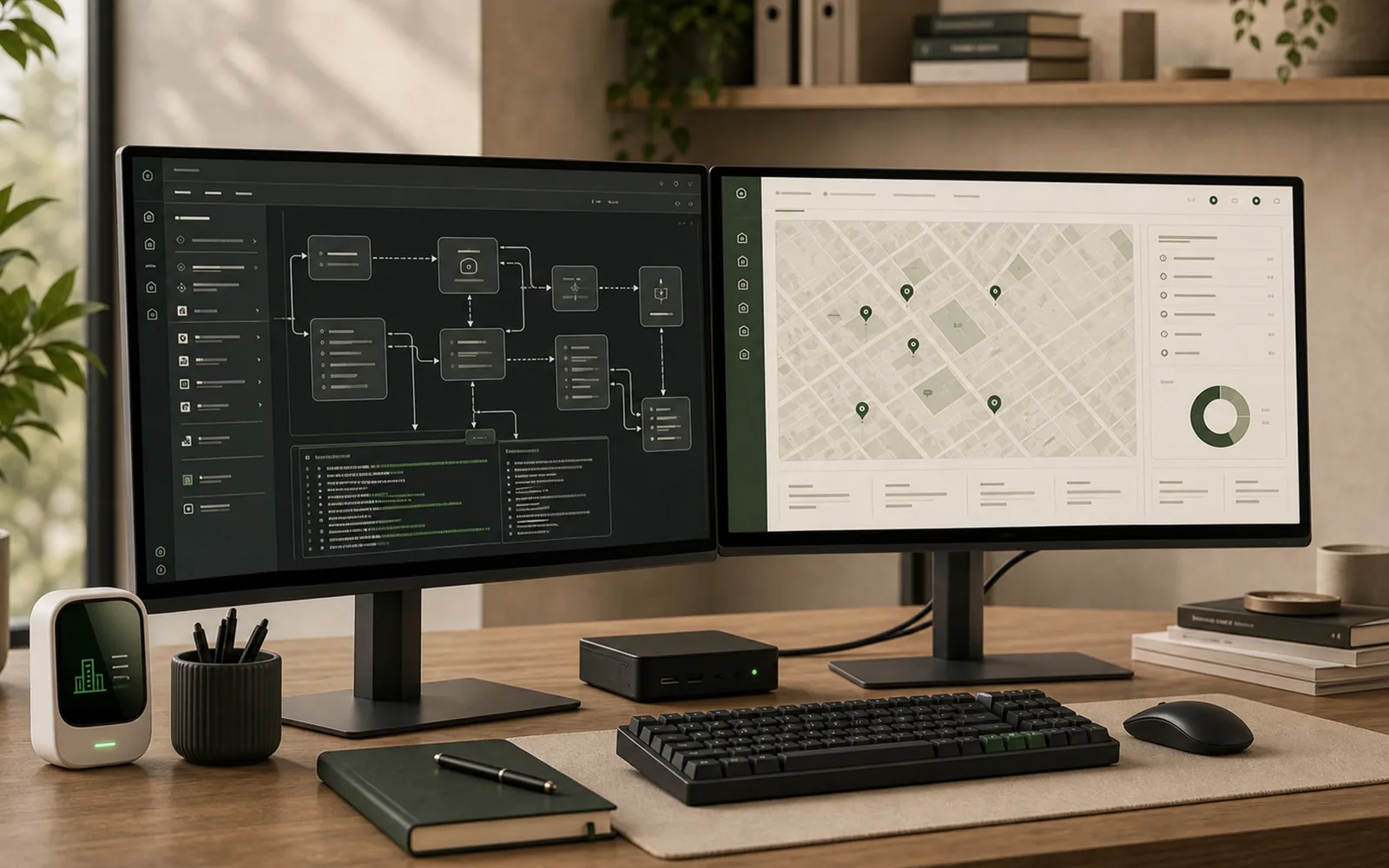 Building-OS-Oberfläche auf zwei Monitoren mit Prozess- und Objektdaten